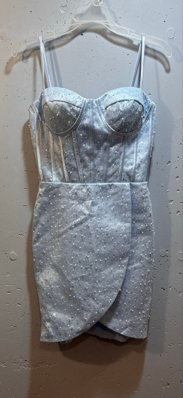 Dresself light blue mini dress size 2 corset style bodice , sequins, pearls